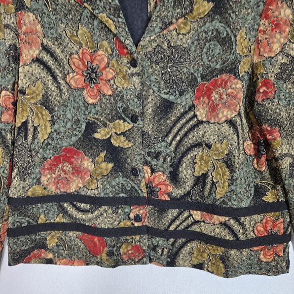 VTG K Petite Collection Jacket Sz 12P Green Multi Floral Button Front Open Back - Picture 3 of 14